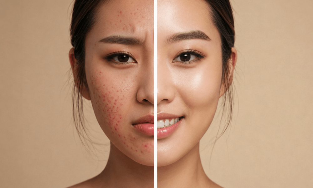 Acne breakout before and after photo